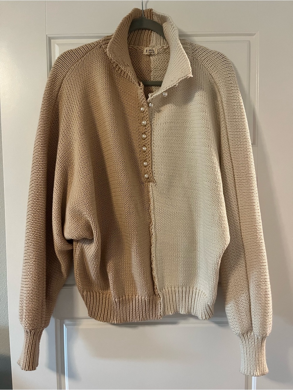 Two-Tone Beige/Cream Sweater with Pearl Buttons